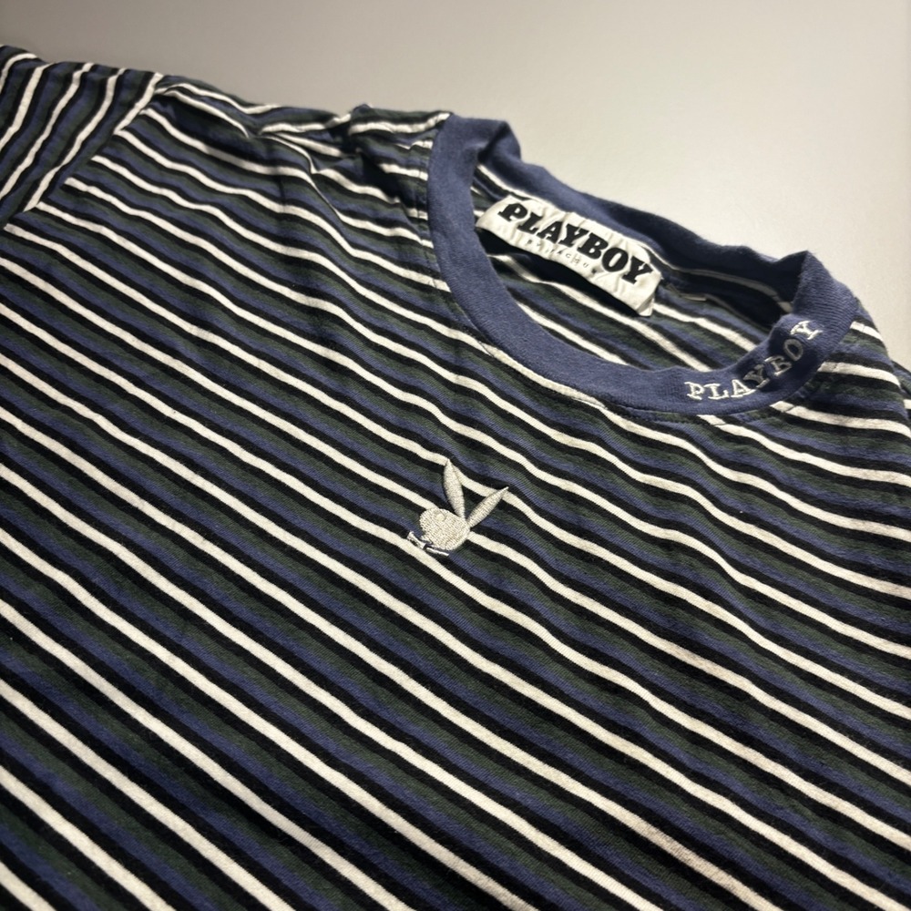 Playboy by Pacsun Striped T-Shirt Silver Bunny Embroidered Logo